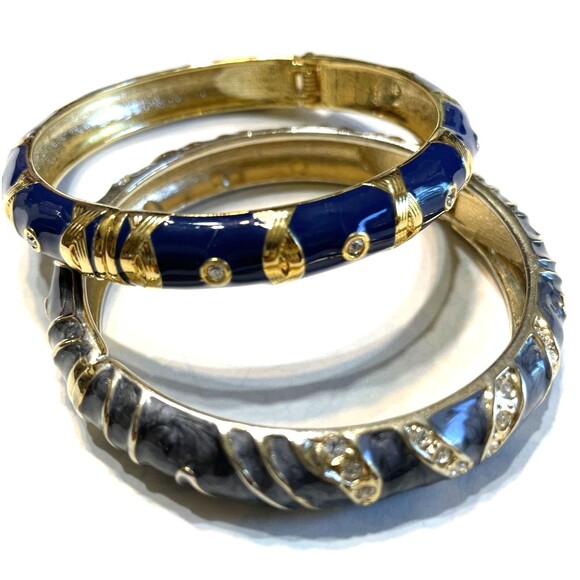 Vintage Enamel Clamper Bracelet Lot Rhinestones Gray Blue Classy Sophisticated - Picture 1 of 8